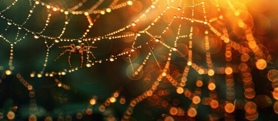 Wall Mural - Detailed close-up of a spider web covered in glistening dew droplets, showcasing the intricate patterns and delicate structure.