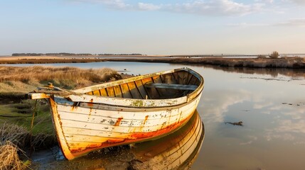 Morning light on an aging boat in Norfolk England s Thornham harbor With copyspace for text
