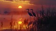 Ibises on Branches Silhouetted at Sunset
