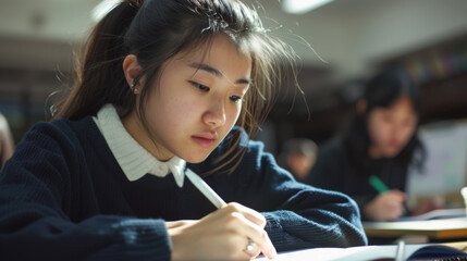 Wall Mural - student is writing an exam in a classroom setting.