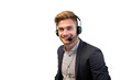 Young handsome blonde man with telemarketer headset on isolated chroma key background