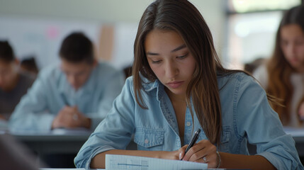 Wall Mural - student is writing an exam in a classroom setting.