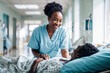 African American nurse providing care and comfort to an elderly patient in a brightly lit hospital ward, symbolizing empathy in healthcare.

