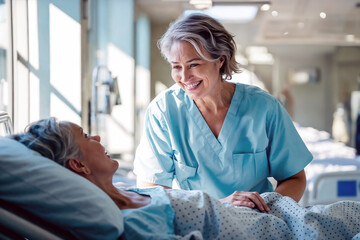 experienced senior nurse shares a moment of joy with a patient in a sun-filled hospital room, reflec