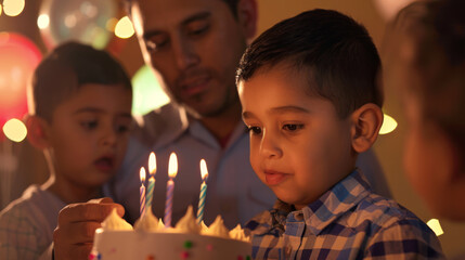 Canvas Print - A smiling boy is looking at a birthday cake with lit candles.