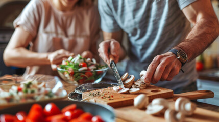 Poster - A man and a woman are preparing food together in a modern kitchen.