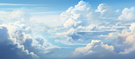 Wall Mural - A visual artwork depicting a view of the sky filled with fluffy clouds and an airplane soaring in the distance