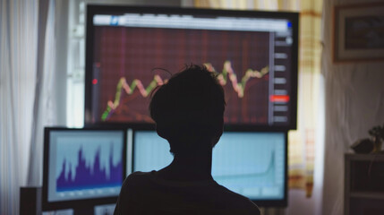 A person standing in front of two computer monitors, engrossed in their work or activity. The screens display various data or information