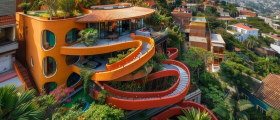 Poster - A spiral staircase leads to a house on top of the hill. Generative AI.