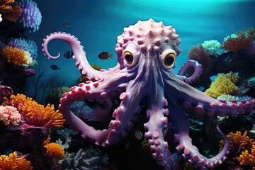 Poster - An octopus is swimming in a coral reef with colorful fish. Generative AI.