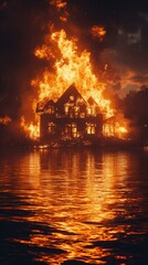 Wall Mural - A house is engulfed in flames as it sits on a lake. Generative AI.