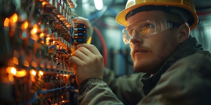 Engineer checks electrical current in circuit breaker wiring system. Concept Electrical Engineering, Circuit Breakers, Wiring System, Current Measurement, Safety Checks