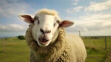 Sheep In The Field. Happy Face. Generative AI