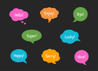 hand-drawn doodle speech bubble frames. set of the colorful vector text boxes isolated on a black ba