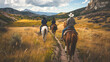 An image of friends horseback riding along a scenic trail, enjoying the freedom of exploration on horseback happiness, love and harmony