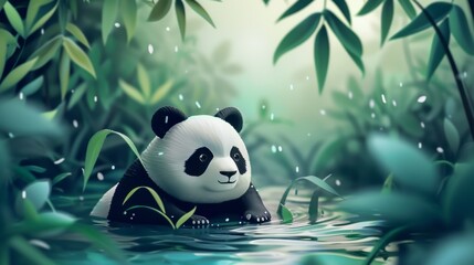 Wall Mural - A panda bear is sitting in the water