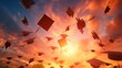 Dynamic sunrise graduation celebration illustration depicting the exuberance and triumph of academic accomplishments.
