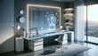 © mitarart - Ultra-modern, minimalistic workspace, holographic AI personal assistant.