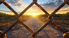 Sunset View Through A Rusty Chain-link Fence On A Deserted Road