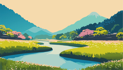 Wall Mural - Japanese landscape with lake and mountains