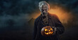 Scary old man holding a pumpkin on Halloween night. Generative AI