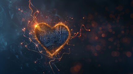 Wall Mural - A heart-shaped figure composed of circuitry and illuminated by glowing particles against a dark, bokeh background.