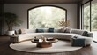 Elegant Curved Sofa in a Chic Modern Living Room. A chic modern living room elegant curved sofa with plush cushions, serene, neutral color palette.