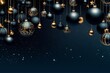 holiday elegance, christmas banner lights and baubles on dark blue