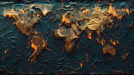 Wall Mural - world map in which the areas of the seas and oceans appear burned,