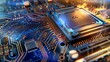 closeup on an advanced GPU ram microchip or cpu of a powerful computer board for artificial intelligence technology as wide banner design with copy space area -