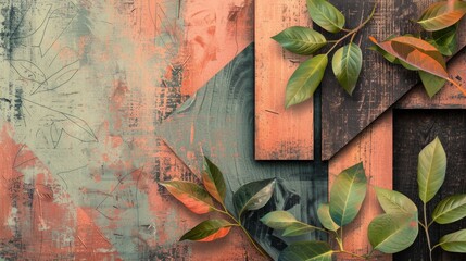 Wall Mural - Artistic Wooden Collage with Geometric Shapes and Plants