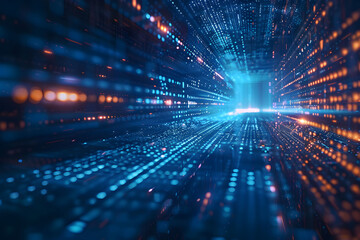 Abstract digital background with blue binary code and light streaks on black background, symbolizing technology and data transfer in cyberspace. This represents the flow of data in computer networks.