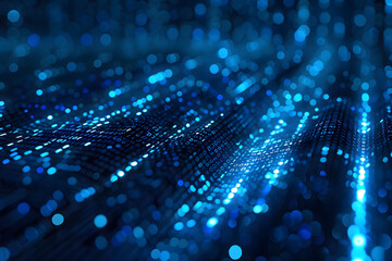 Abstract digital background with blue binary code and light streaks on black background, symbolizing technology and data transfer in cyberspace. This represents the flow of data in computer networks.