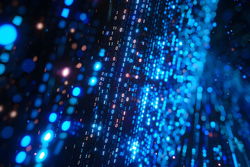 Wall Mural - Abstract digital background with blue binary code and light streaks on black background, symbolizing technology and data transfer in cyberspace. This represents the flow of data in computer networks.