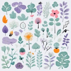 A collection of seamless pattern, colorful abstract plants and flowers. Hand drawn Collection of leaves and flowers. A close up of a pattern of flowers and leaves.
