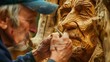 In this close-up image, an artisan woodworker is seen sculpting and carving a wood spirit face.