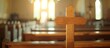 Quiet Sanctuary: Wooden Cross on Church Pews in Soft Light