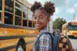 Happy young girl eagerly awaiting school bus with backpack