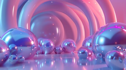 Wall Mural - 3D rendering. Pink and purple glossy spheres in a surreal space. Abstract background with spheres.