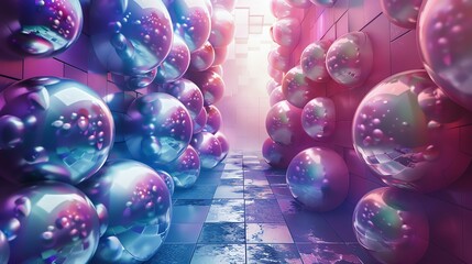 Wall Mural - 3D rendering. Pink and blue glossy spheres in a futuristic hallway. Abstract background.
