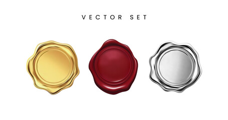 Realistic vector seal wax set. Gold, red and silver wax seal set.