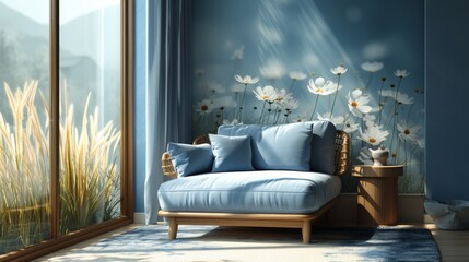 Wall Mural - A sunlit cozy nook featuring a comfortable blue sofa, white daisies wall decor, and a view of golden reeds swaying outside.