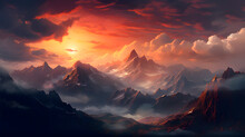 Sunset In Mountains, Beautiful Mountains In A Sunset