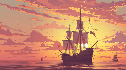 Columbus Day background. A grandiose ship on the sunset background. America discovery narrative. 