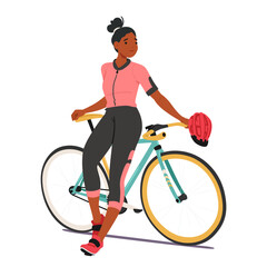 Wall Mural - Tired Female Cyclist Character, Clad In Sports Attire, Finds Repose By Leisurely Sitting Atop The Sleek Frame Of Bicycle