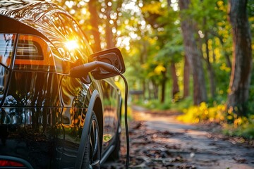 Wall Mural - Electric car charging at a sustainable green energy station to reduce CO2 emissions. Concept Sustainable transportation, Electric vehicles, Green energy, CO2 emissions, Environmental impact