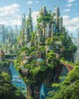 Craft an image of a utopian society where nature thrives amidst towering structures and efficient transportation systems Use vibrant colors and intricate details to depict a world where technology has