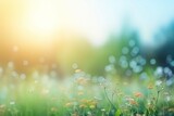 Fototapeta  - Earth day concept: Abstract blur beautiful soft green bokeh light meadow and blue sky on autumn sunrise background - generative ai