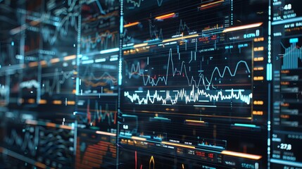 Wall Mural - A bright blue wavy line, a live data of stock developments. Financial technology, stock investment, digital investment, and digital currency. 