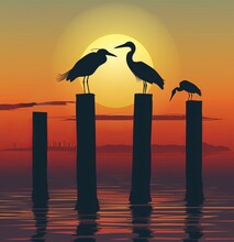 Silhouetted Herons At Sunset Sitting On Pier Posts. Generative AI.

